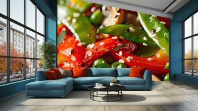 Vibrant and healthy vegetable stir-fry featuring colorful bell peppers, green peas, mushrooms, and sesame seeds for a nutritious meal. Wall mural