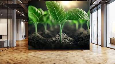 Young green plants growing in fertile soil under sunlight. Wall mural