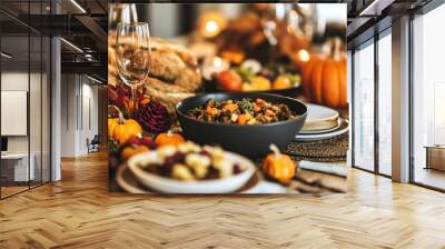 A beautifully arranged autumn table with seasonal decor, featuring a hearty dish, colorful pumpkins, and elegant tableware. Wall mural