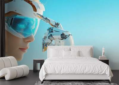 A futuristic robot with a sleek design, wearing sunglasses, and pondering in a bright blue sky setting. Sci fi Concept. Wall mural