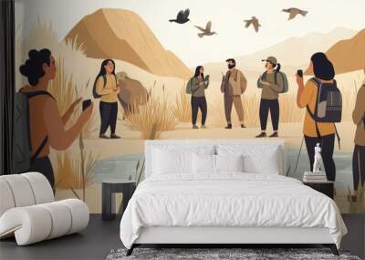 A group of people are standing around a pond in a desert Wall mural