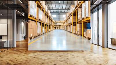 A spacious warehouse interior filled with neatly stacked boxes on pallets under bright lighting, showcasing efficient storage. Wall mural