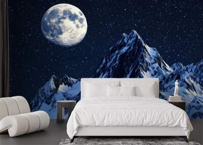 A stunning night scene of snow-covered mountains illuminated by a bright full moon under a starry sky, evoking tranquility and adventure. Wall mural