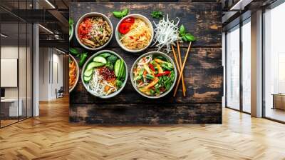 A vibrant assortment of fresh Asian dishes in bowls, showcasing colorful vegetables and noodles on a rustic wooden surface. Wall mural