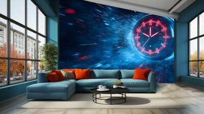 A vibrant clock spinning through a galaxy of light, representing the concept of time travel and speed in a futuristic setting. Wall mural