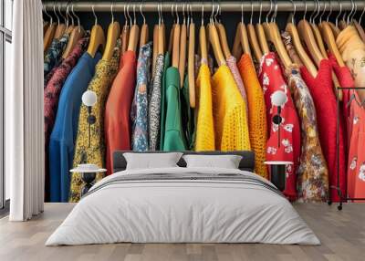 A vibrant display of colorful clothing on wooden hangers, showcasing a variety of patterns and textures for stylish fashion inspiration. Wall mural