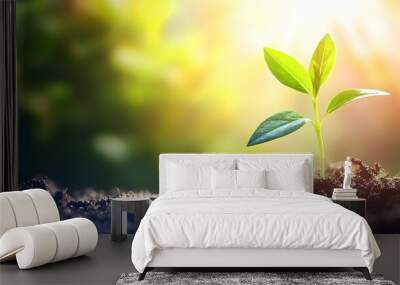 A young green plant sprouts from rich soil, symbolizing growth and renewal in a vibrant, illuminated setting. Wall mural