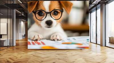 Adorable dog wearing glasses, curiously looking at business charts and graphs, bringing charm to office work. Wall mural