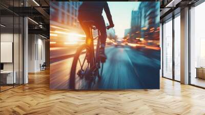 Biker riding through a vibrant cityscape with a motion blur effect. Wall mural