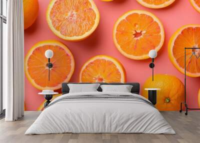 bright and juicy orange slices arranged in captivating pattern on trendy pink background for magazin Wall mural