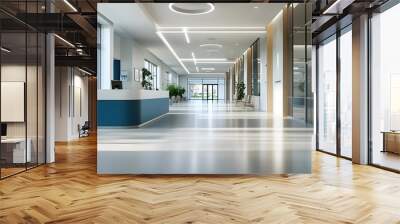 Bright and modern hallway featuring a reception desk and greenery, creating a welcoming atmosphere in a professional setting. Wall mural