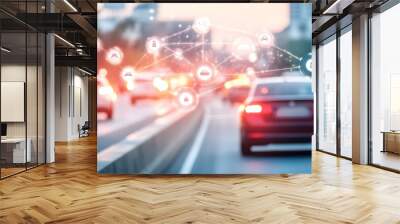 Cars driving on busy city street with data overlay Wall mural