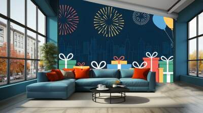 Celebrate with colorful gifts, balloons, and fireworks against a city skyline, perfect for festive occasions and holidays. Wall mural