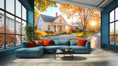 Charming autumn scene featuring a house surrounded by vibrant fall colors, sunlight peeking through trees and a cozy, inviting atmosphere. suburban development concept. Wall mural