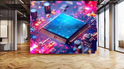 Close-up of a microchip on a circuit board with colorful lights. Wall mural