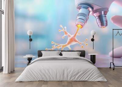 Close-up of a microscope examining a neuron, showcasing the intersection of technology and biology in scientific research. Sci fi Concept. Wall mural