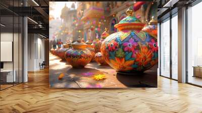 Colorful decorated pottery displayed in a vibrant market scene, capturing the essence of celebration and cultural richness. Wall mural