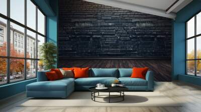 Dark textured wall with wooden floor in an industrial style setting Wall mural