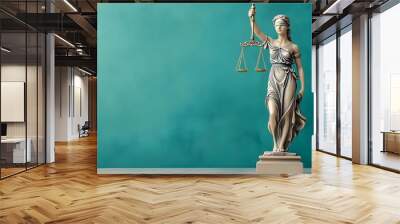 Elegant statue of Lady Justice holding scales, symbolizing law, fairness, and equality against a serene teal background. Wall mural