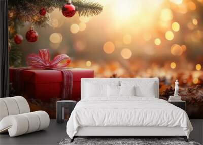 Festive gift under a Christmas tree, surrounded by pine cones and warm bokeh lights. Wall mural