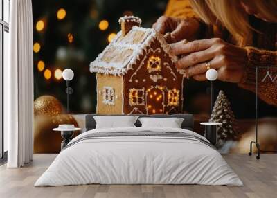 Gingerbread house decoration with festive lights and holiday ornaments. Wall mural