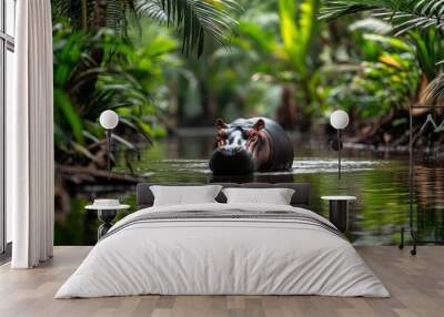 Hippopotamus swimming in a lush tropical environment with reflective water. Wall mural