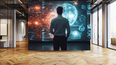 Person observing digital data visualization and futuristic technology. Wall mural