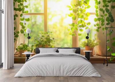 Sunlit window with vibrant green plants adorning the sill. Wall mural