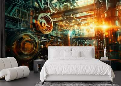 Vibrant Abstract Illustration of Interconnected Gears and Machinery, Dynamic Industrial Lighting and Complex Mechanisms Wall mural