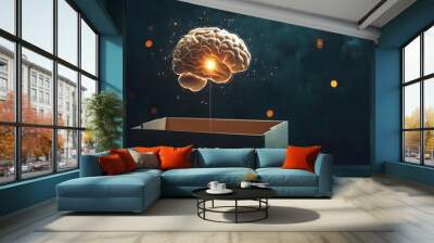 brain idea out of the box pulsating with electrical energy, surrounded by swirling light and cosmic rays Wall mural