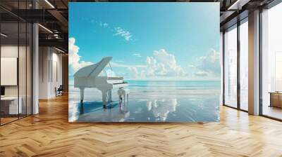 grand piano on the beach and wave stroke and blue sea Wall mural