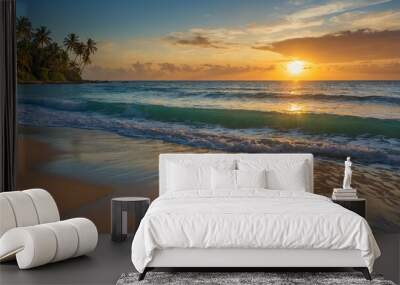 Beautiful sunset over the sea with a view at coconut palms on the white beach. AI Generative Wall mural