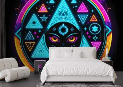 Mysterious Spirit Board: Occult, Intriguing, Mystical, Captivating, Neon Glow T-Shirt Design Wall mural