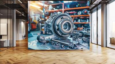 Disassembled car automatic transmission gear part or gearbox on workbench in auto repair shop. Fix and maintenance vehicle part service in the garage. Mechanical engineering and automotive industry Wall mural