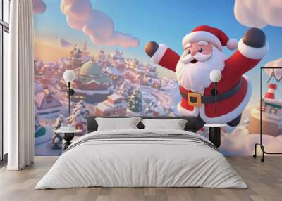 joyful Santa Claus flying over snowy town, surrounded by fluffy clouds and festive buildings, captures magic of holiday season Wall mural