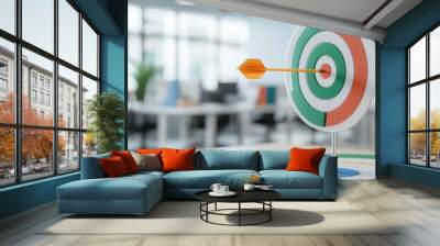 vibrant dart piercing bullseye symbolizes business success and focus in modern office environment. colorful target stands out against blurred background, enhancing motivational atmosphere Wall mural