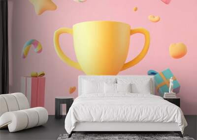 vibrant yellow trophy cup surrounded by colorful gifts and playful shapes, creating festive and celebratory atmosphere Wall mural