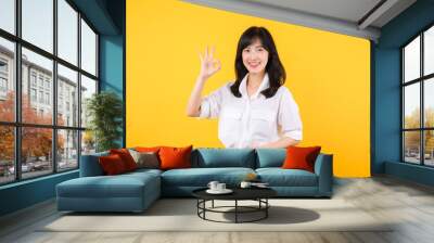 Young businesswoman hand sign okay gesture. Asian woman happy smile wearing white shirt and jean denim plants showing okay sign hand gesture isolated on yellow background. Wall mural