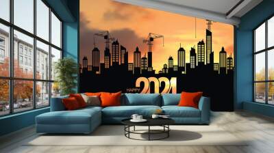 Black silhouette of construction with crane and bright morning sky. To prepare to welcome the year 2024, happy new year, changing new ventures. vector illustration isolated on the background. Wall mural