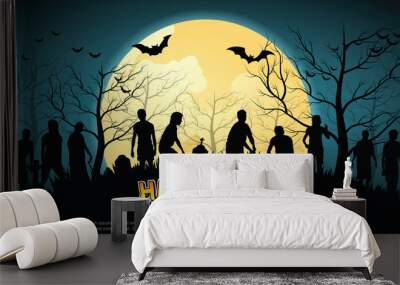 Crowd of hungry zombies in the woods. Silhouettes of scary zombies walking in the forest at night. Spooky forest with full moon and grave. Wall mural