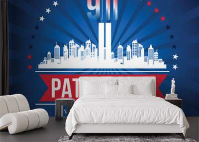 Design to commemorate the patriot day, twin towers in New York City Skyline, September 11, 2001 vector poster. Patriot Day, September 11, We will never forget Wall mural