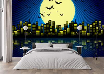 Style Cartoon Night City Skyline Background. Wall mural