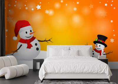 Two snowman On a orange background.-vector Illustration Wall mural