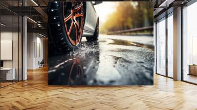 car on the street - Close up of car tires on wet road. water splashing. sunlight, blurred background, rainy, Generated AI. Wall mural