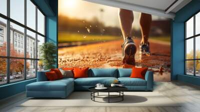 Close up legs with sports shoes running on a track, waking. feet on road. Natural light. Generated AI Wall mural