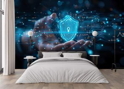 Cyber security concept. Hand with Blue Sheild with a keyhole on abstract technology background. Protected guard shield security conceptcept Wall mural