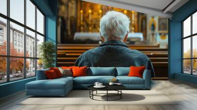 Elderly man sitting in church, reflecting in serene atmosphere Wall mural