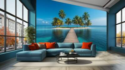 Tropical Paradise: Wooden Pier on Serene Island with Coconut Trees by Shallow Waters under Clear Blue Sky Wall mural