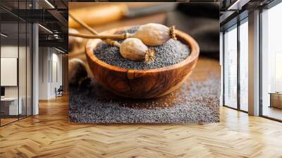 Dry head and poppy seed in bowl on kitchen table. Wall mural