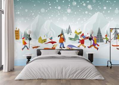 winter landscape and winter activities Wall mural